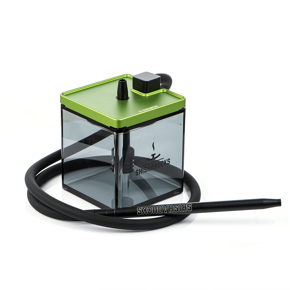 green hookah for travel with tinted acrylic cube